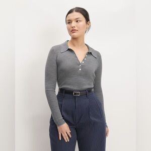NWT EVERLANE THE POLO IN ULTRASOFT MERINO RIBBED SWEATER HEATHER MID GREY S